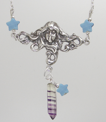 Sterling Silver Woman Maiden of the Morning Star Necklace With Fluorite And Dark Blue MOP Stars